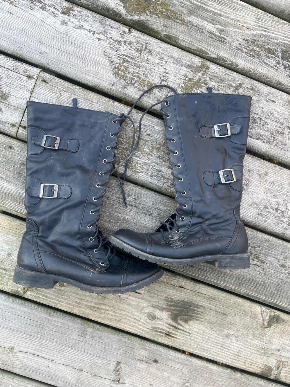 Women's Black Lace-Up Knee-High Buckle Combat Moto Boots Size 8